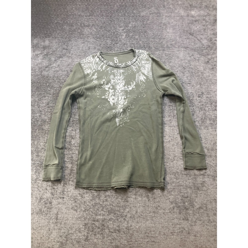 Decree Thermal Shirt Women Small Green White Graphic Waffle Knit Texture Raw Hem